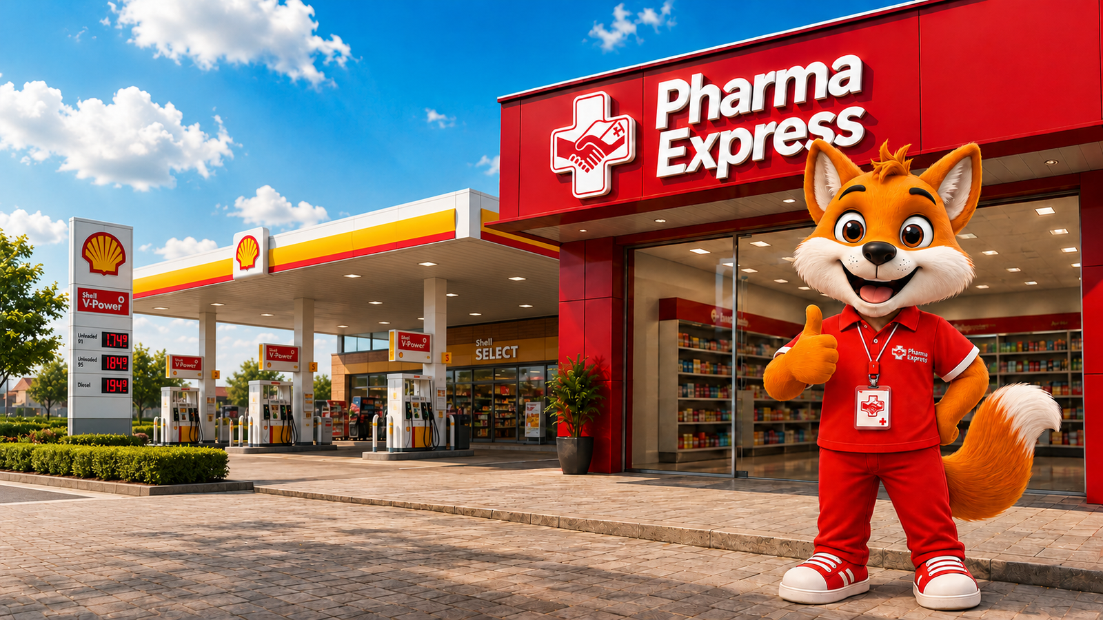Fox da Pharma Express em frente à farmácia